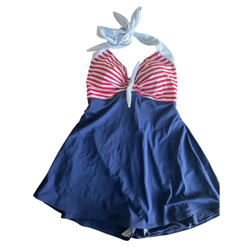 COCOSHIP Women's Red White Blue Halter Swimdress Swimsuit Size 3X Retro Beach